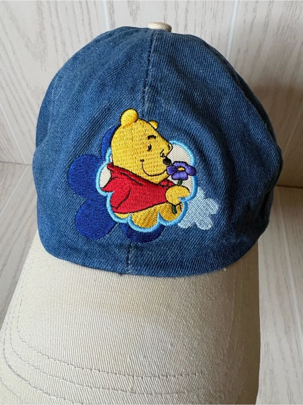 VINTAGE Winnie The Pooh Hat Blue Denim Cap Stretch Back 90s Disney Retro